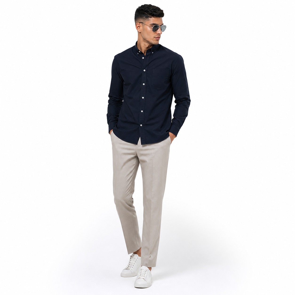 WEELZ Classic Cotton Button-Down Shirt — Navy styled model view