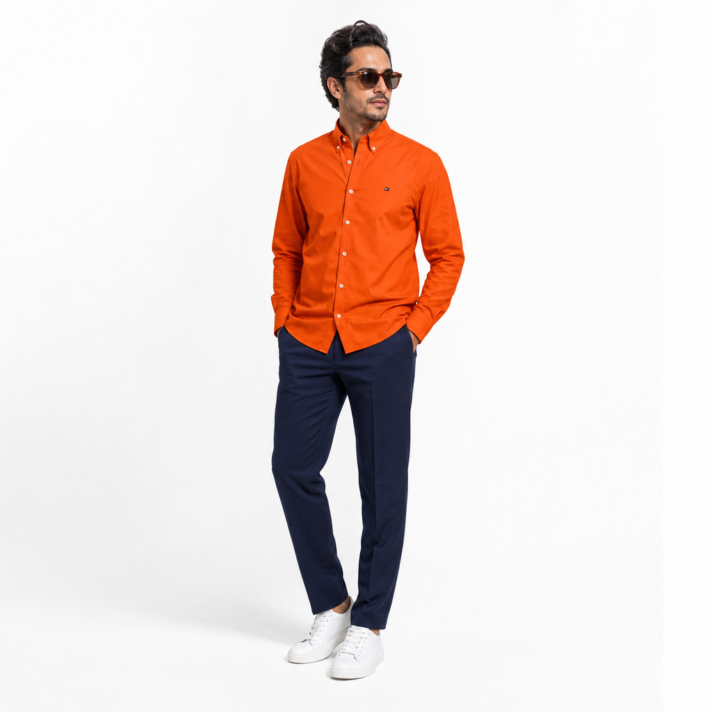 WEELZ Classic Cotton Button-Down Shirt — Orange styled model view