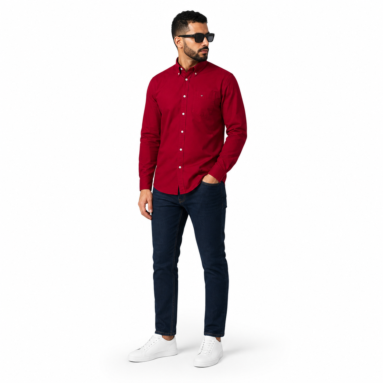 WEELZ Classic Cotton Button-Down Shirt — Red styled model view