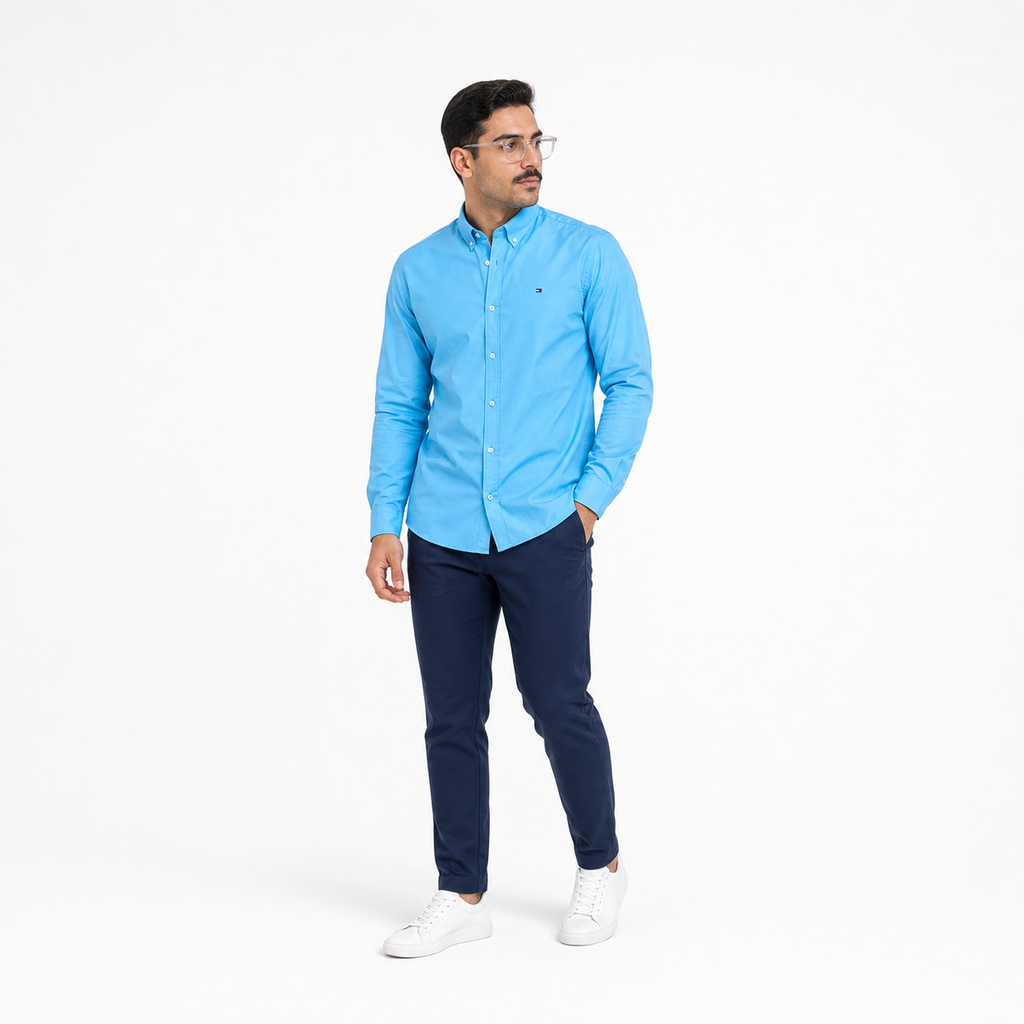 WEELZ Classic Cotton Button-Down Shirt — Sky Blue styled model view