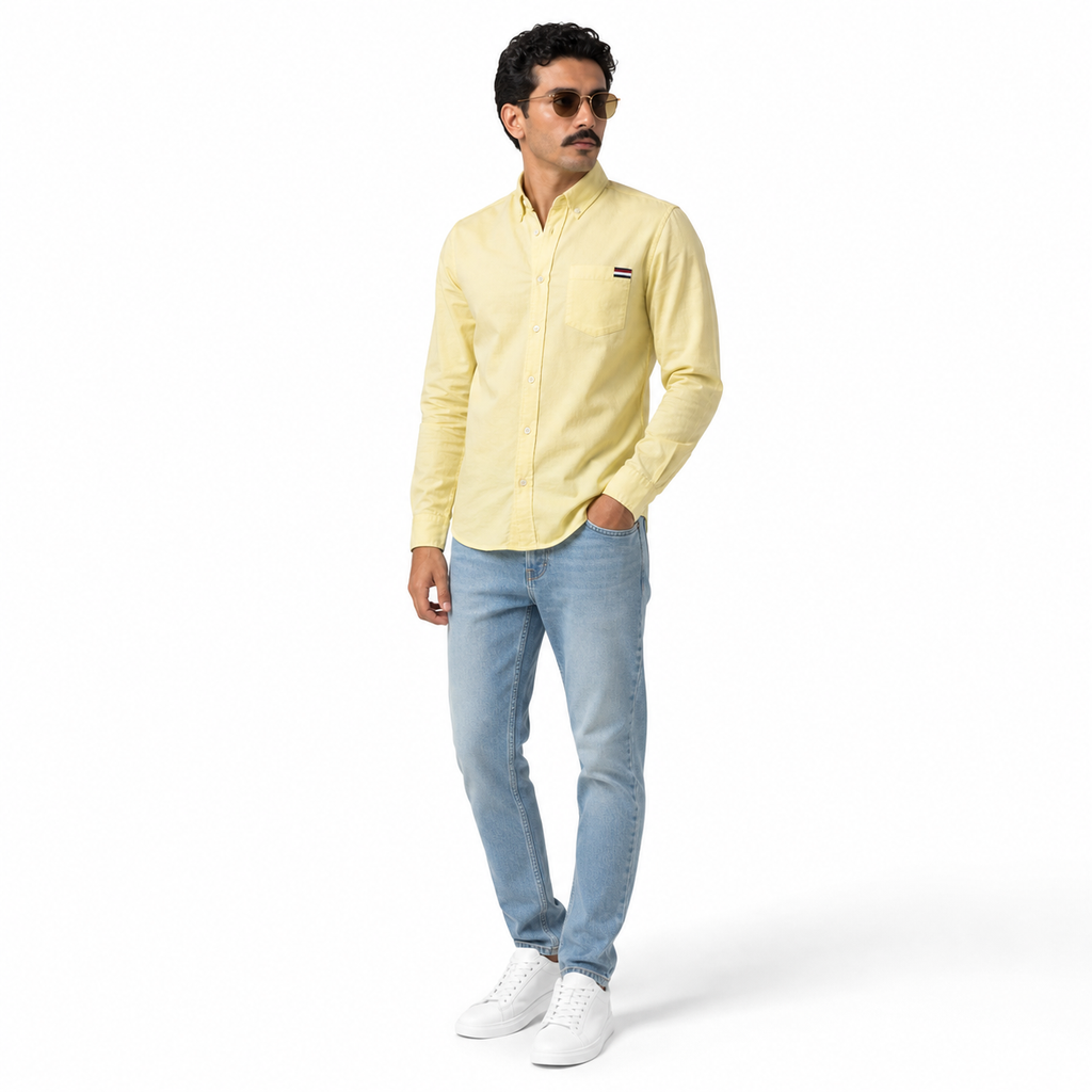WEELZ Classic Cotton Button-Down Shirt — Soft Yellow styled model view