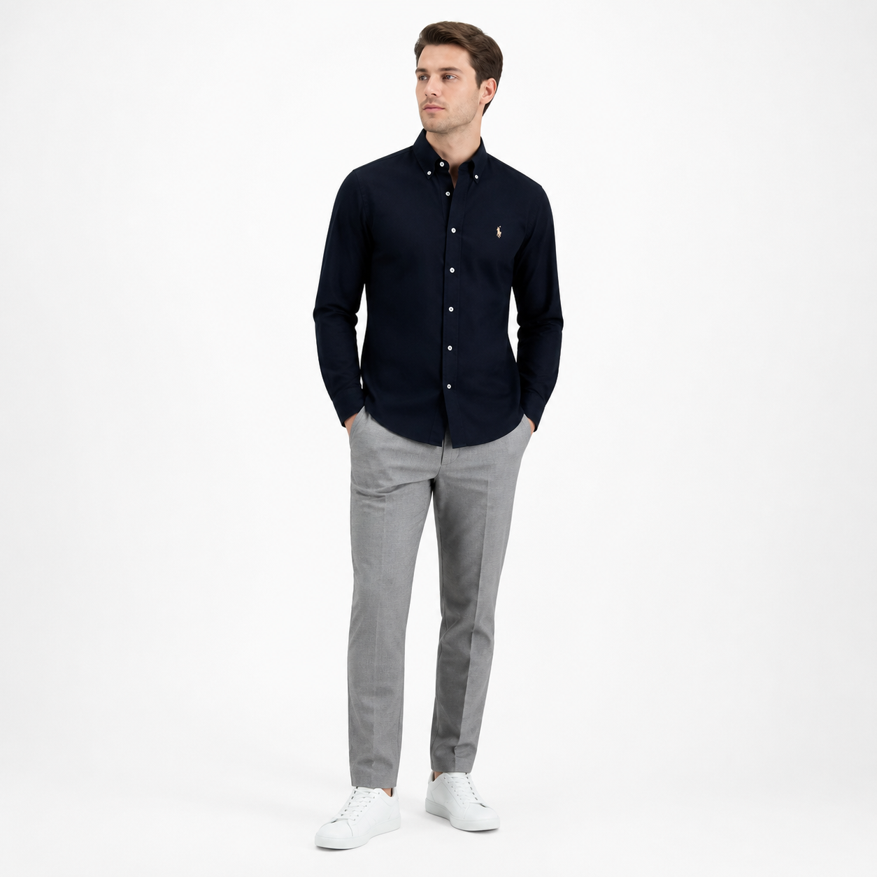 WEELZ classic cotton button-down shirt — deep navy styled look one