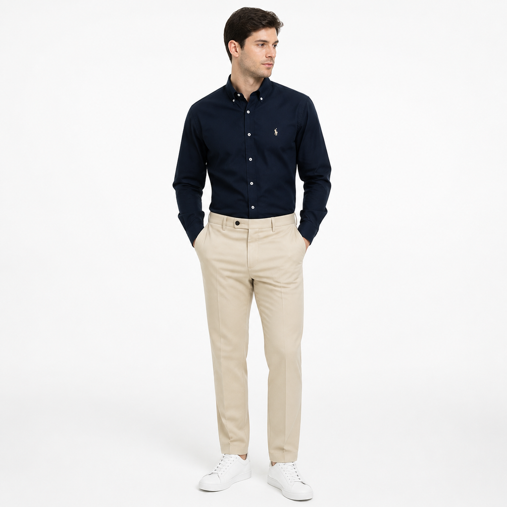 WEELZ classic cotton button-down shirt — deep navy styled look three