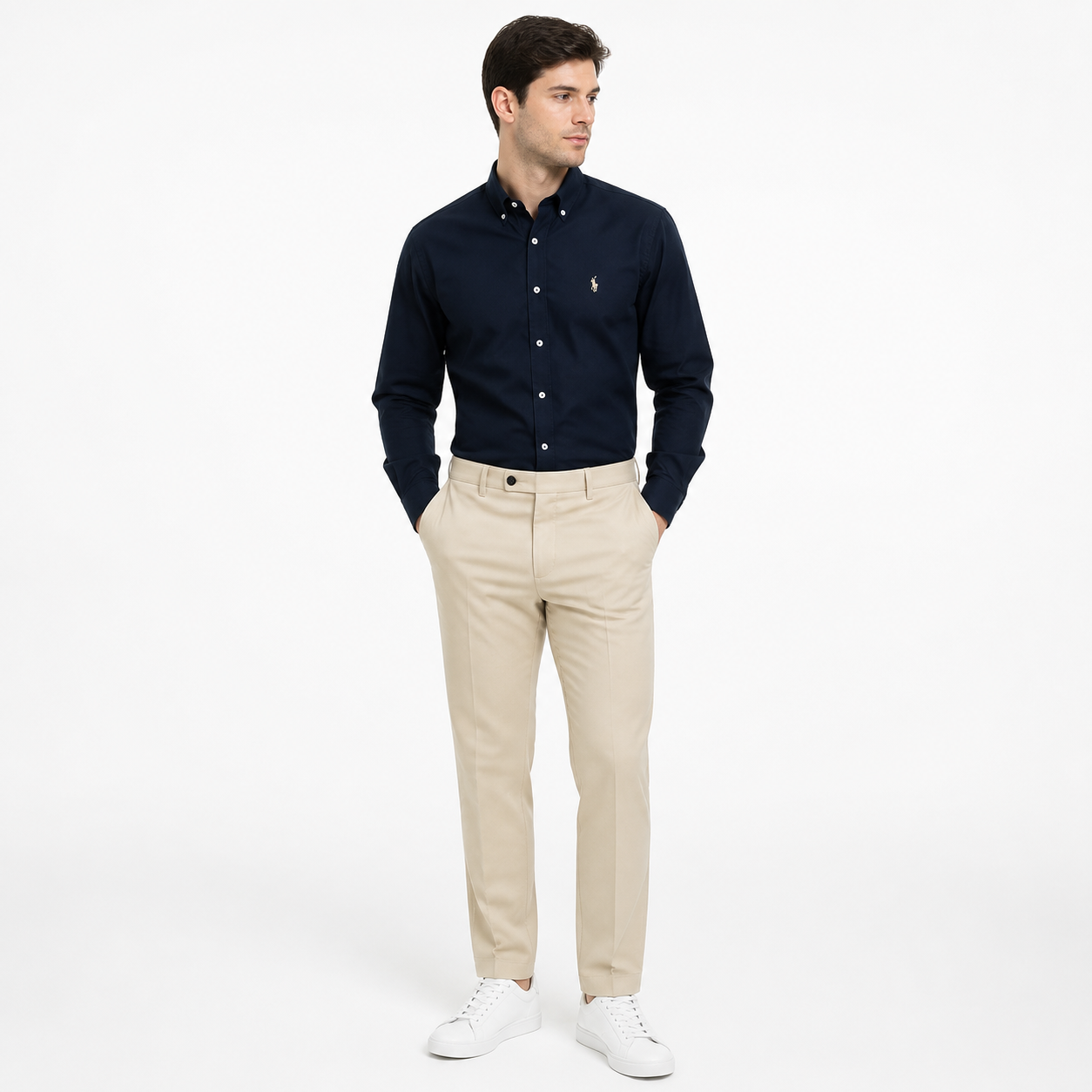 WEELZ classic cotton button-down shirt — deep navy styled look three