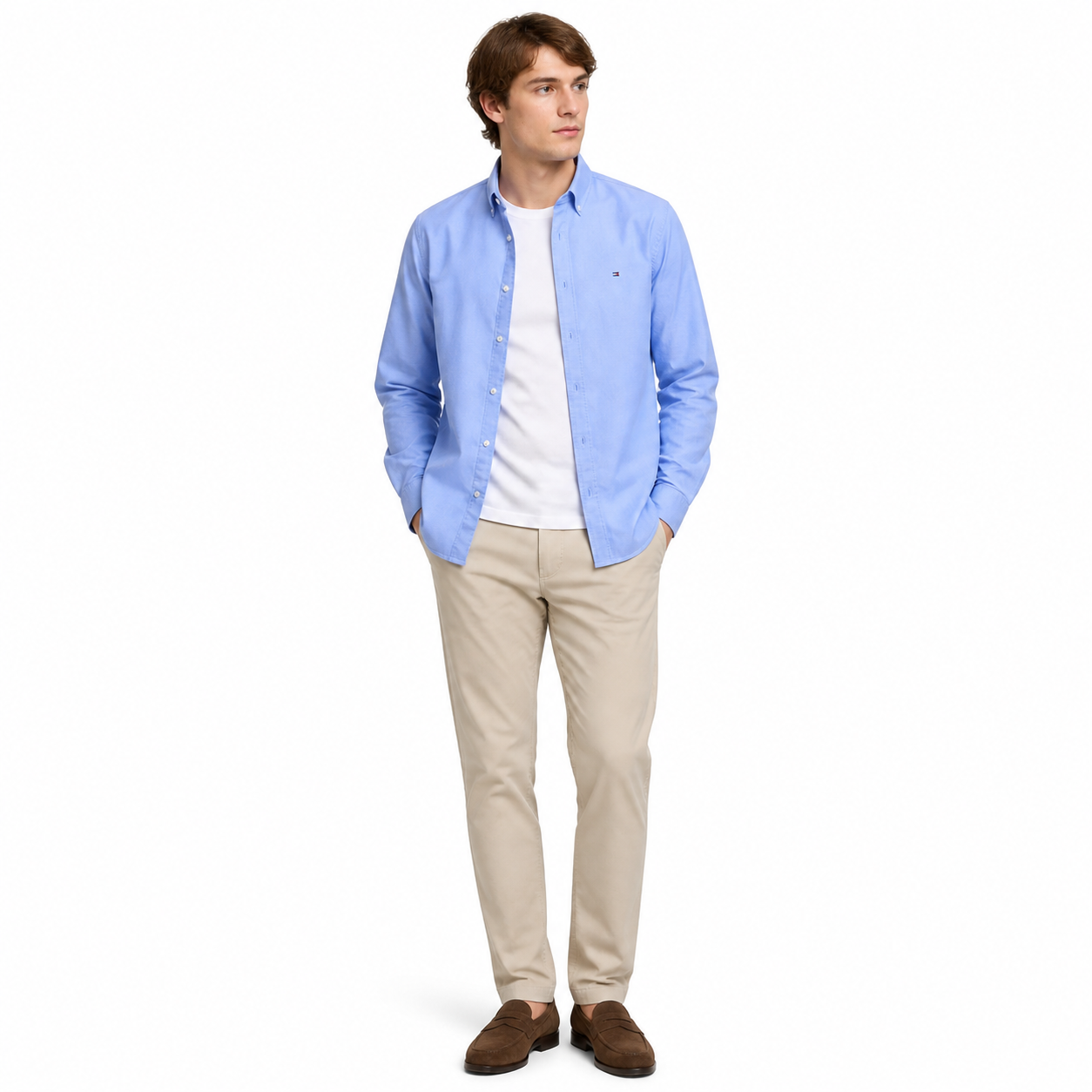 WEELZ classic cotton button-down shirt — light blue styled look two