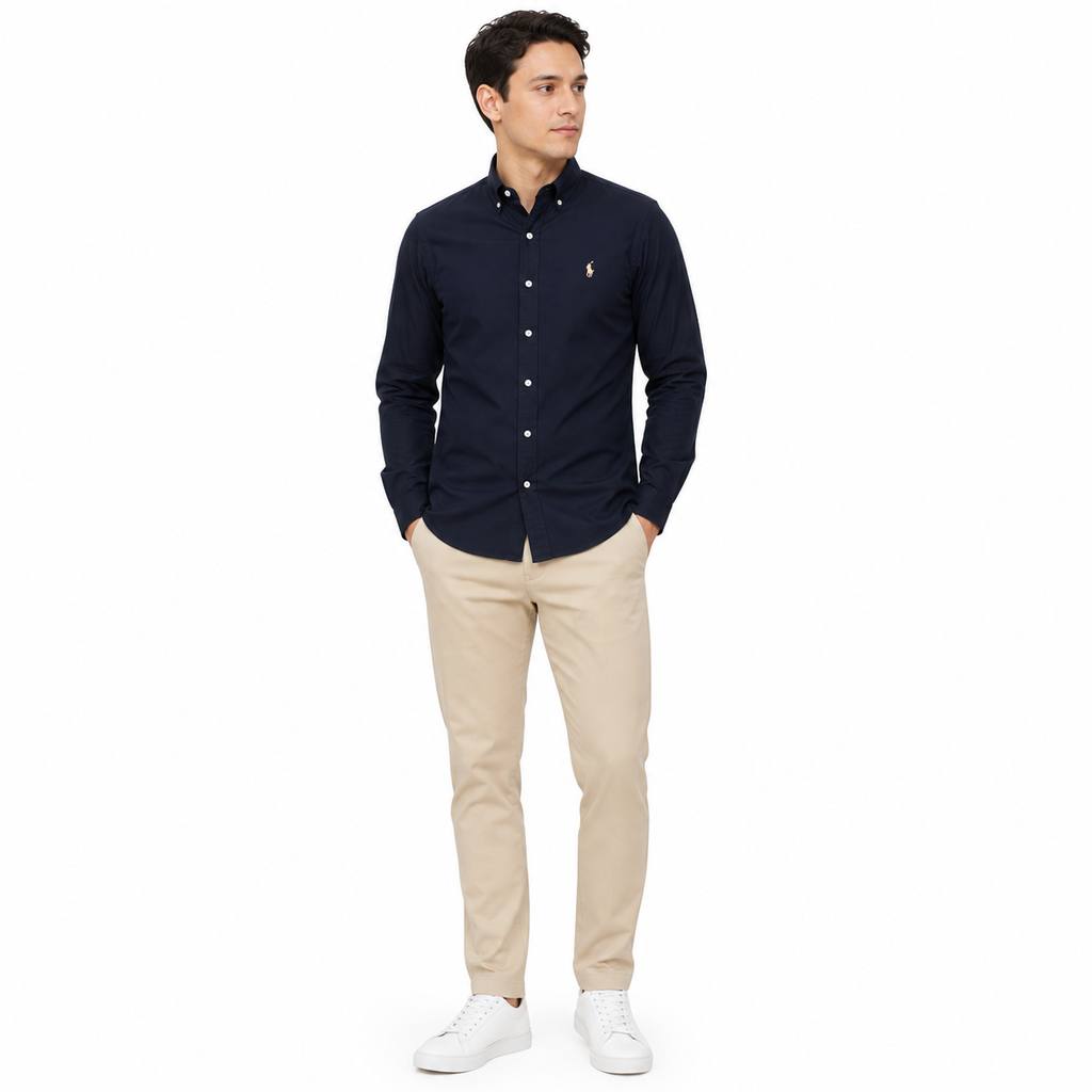 WEELZ classic cotton button-down shirt, navy — model look 2