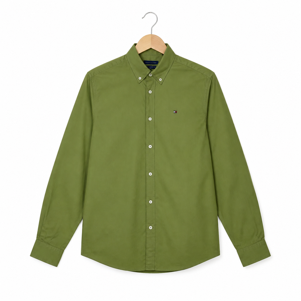 WEELZ classic cotton button-down shirt — olive front view