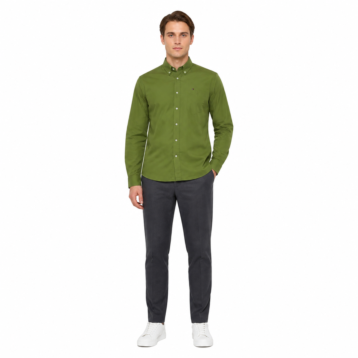 WEELZ classic cotton button-down shirt — olive styled look one