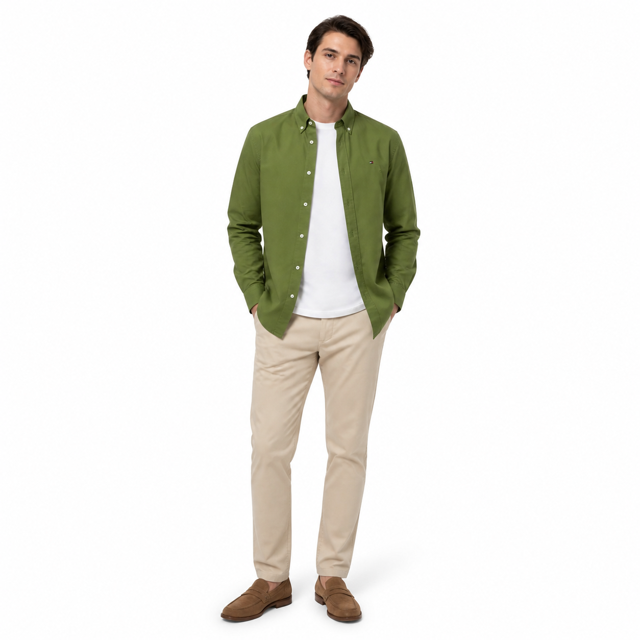 WEELZ classic cotton button-down shirt — olive styled look two