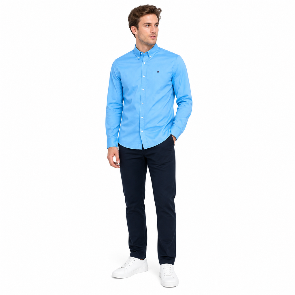 WEELZ classic cotton button-down shirt — sky blue styled look one