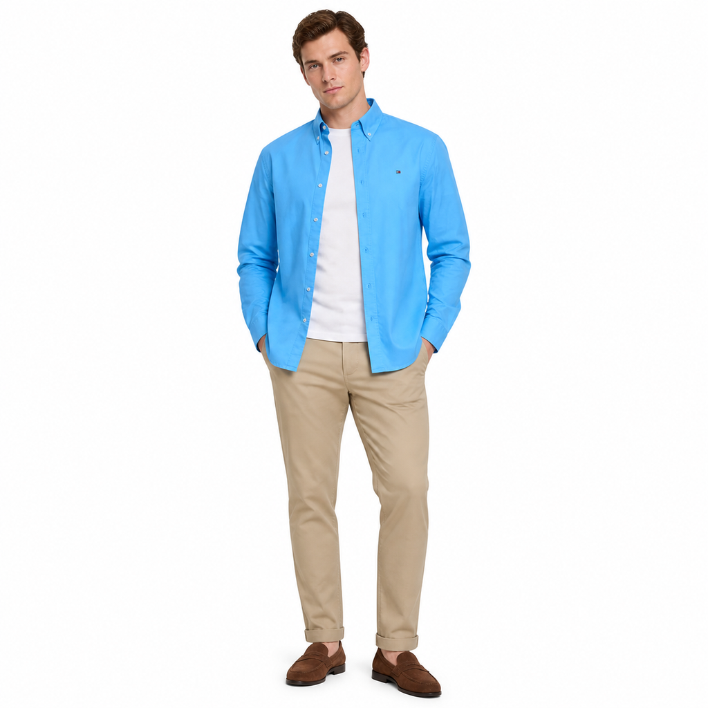WEELZ classic cotton button-down shirt — sky blue styled look two