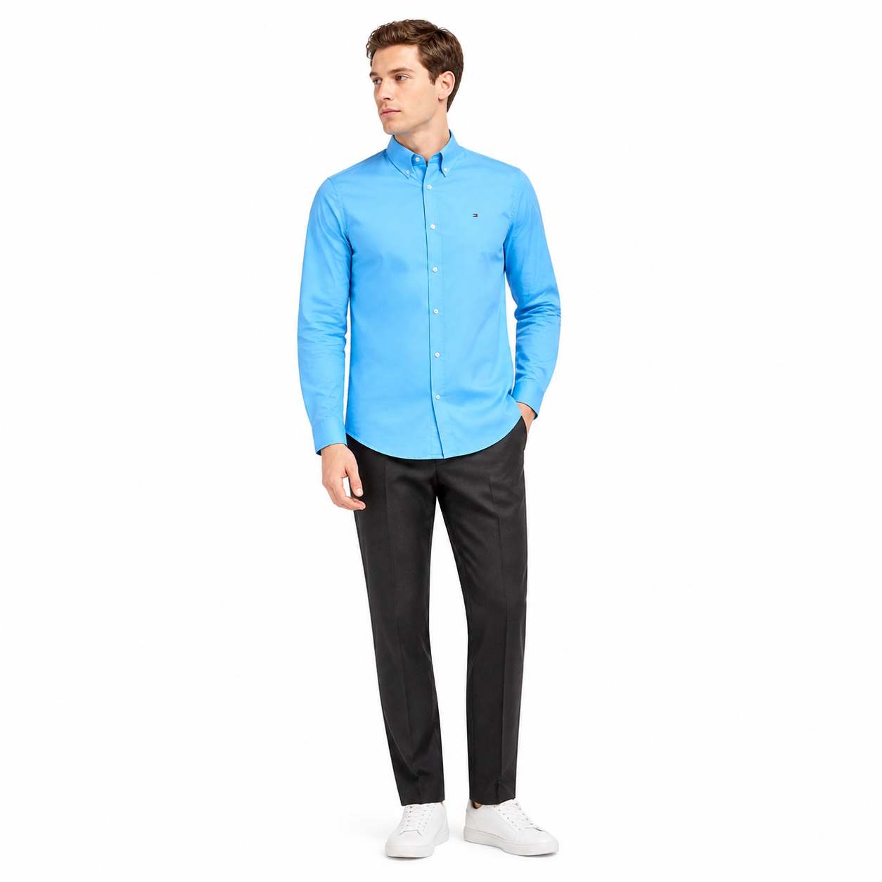 WEELZ classic cotton button-down shirt — sky blue styled look three