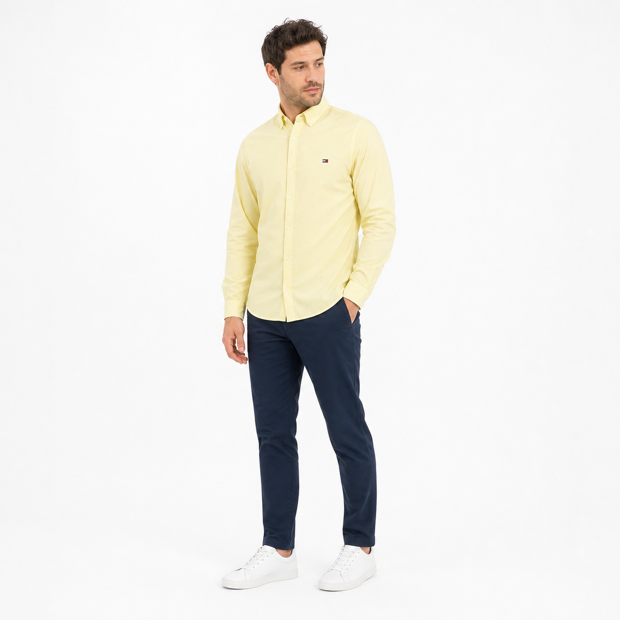 WEELZ classic cotton button-down shirt, soft yellow — model look 2