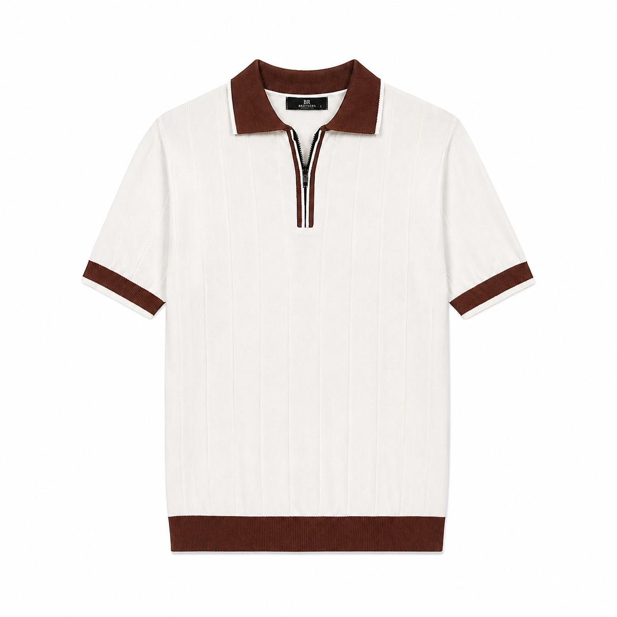 WEELZ Contrast-Collar Zip Knit Polo â€” Off-White & Brown - Off-White & Brown - view 1