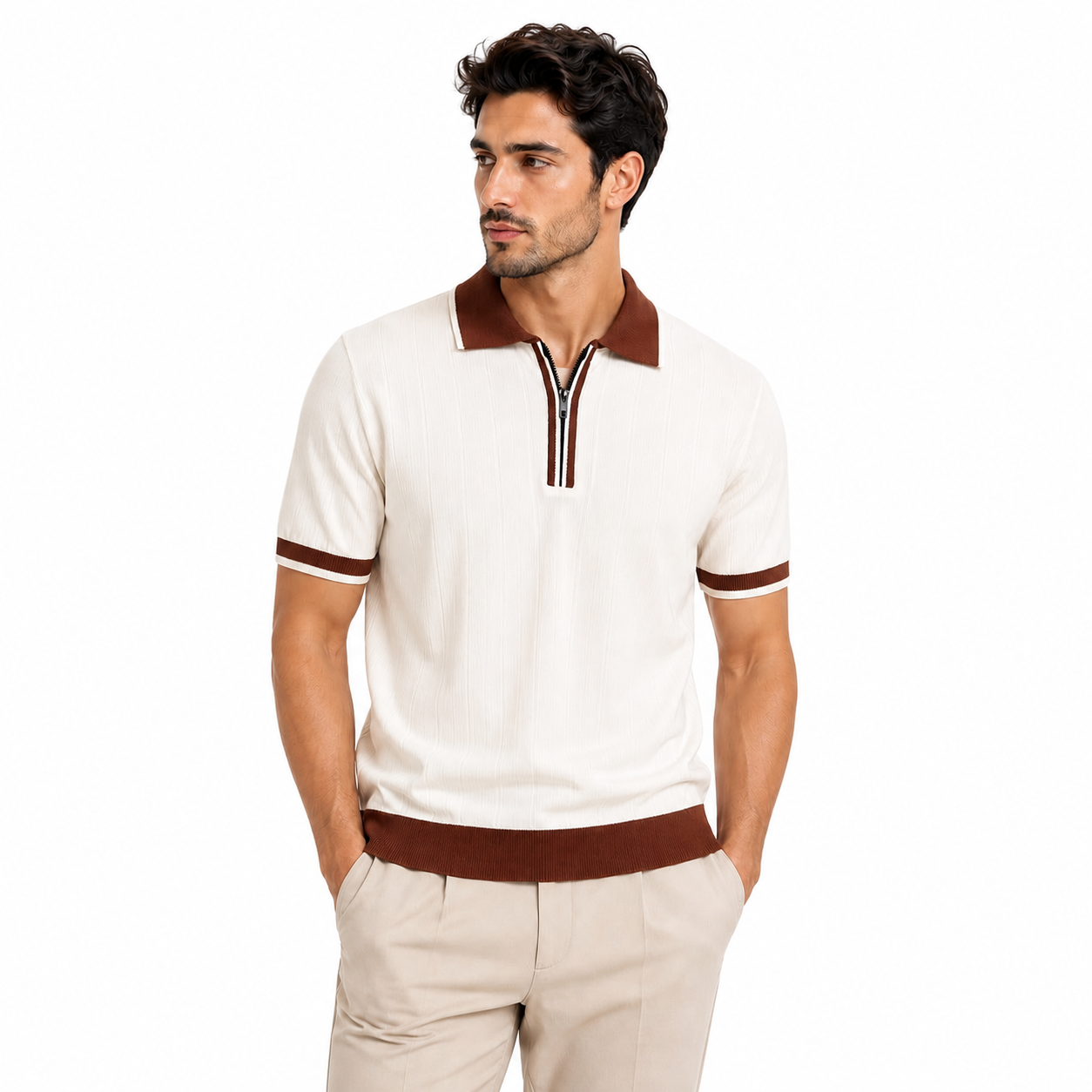 WEELZ Contrast-Collar Zip Knit Polo â€” Off-White & Brown - Off-White & Brown - view 3
