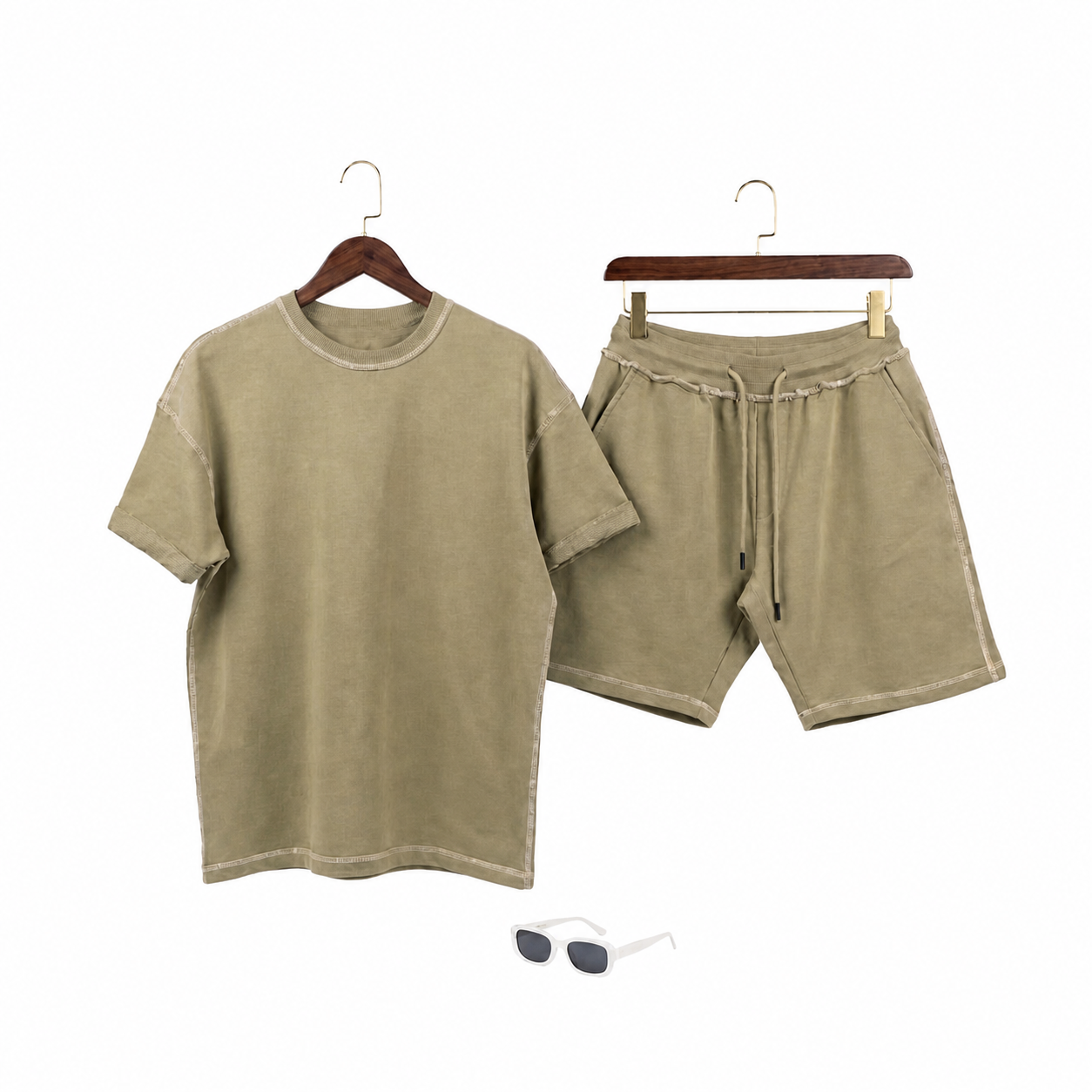 WEELZ Contrast-Stitch Cotton T-Shirt & Shorts Set - Olive - view 1