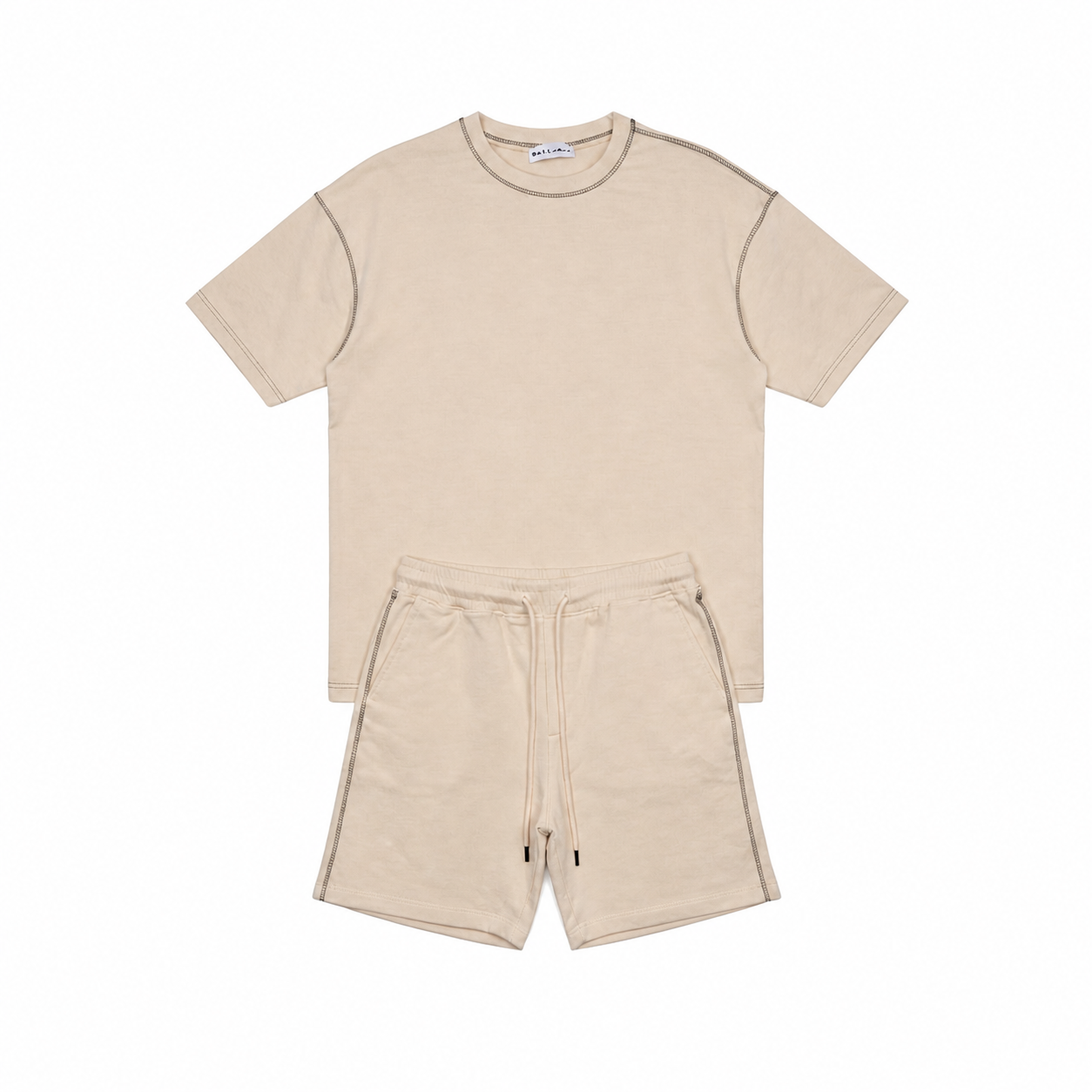 WEELZ Contrast-Stitch Cotton T-Shirt & Shorts Set - Beige - view 1