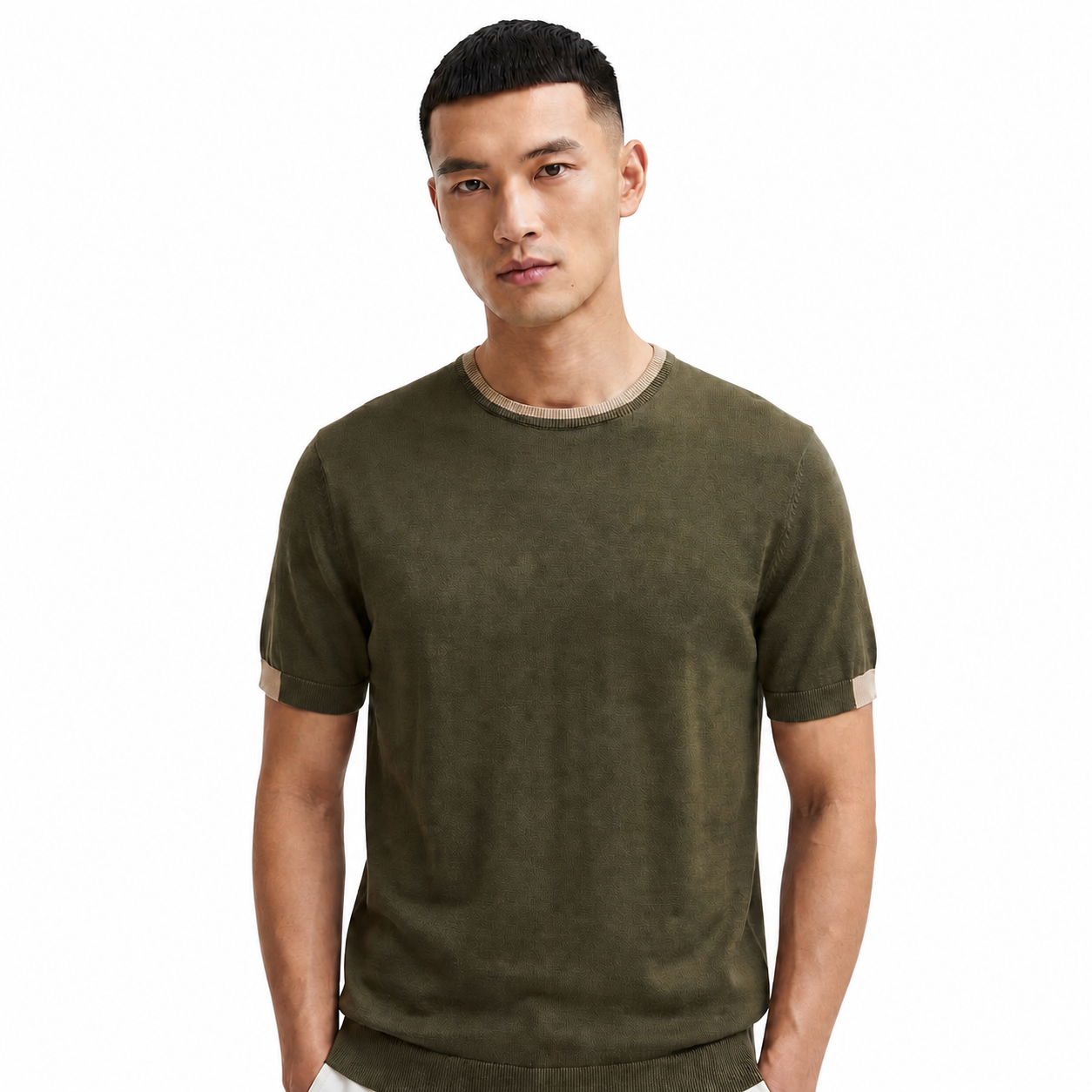 WEELZ Contrast-Trim Crew Neck Knit T-Shirt - Olive - view 2