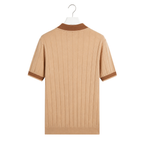WEELZ camel and brown contrast-trim ribbed zip knit polo, rear hanging view on pure white background
