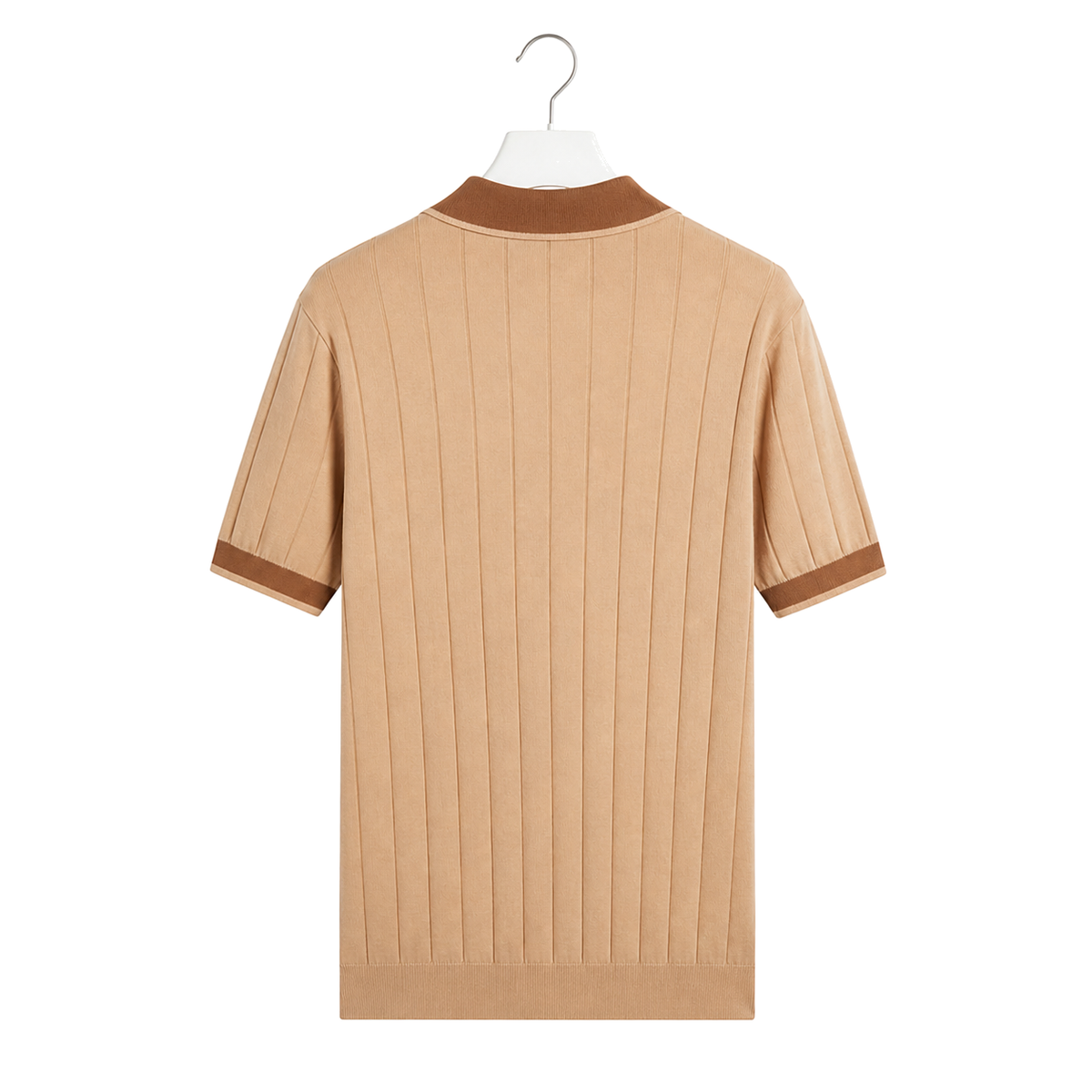 WEELZ camel and brown contrast-trim ribbed zip knit polo, rear hanging view on pure white background
