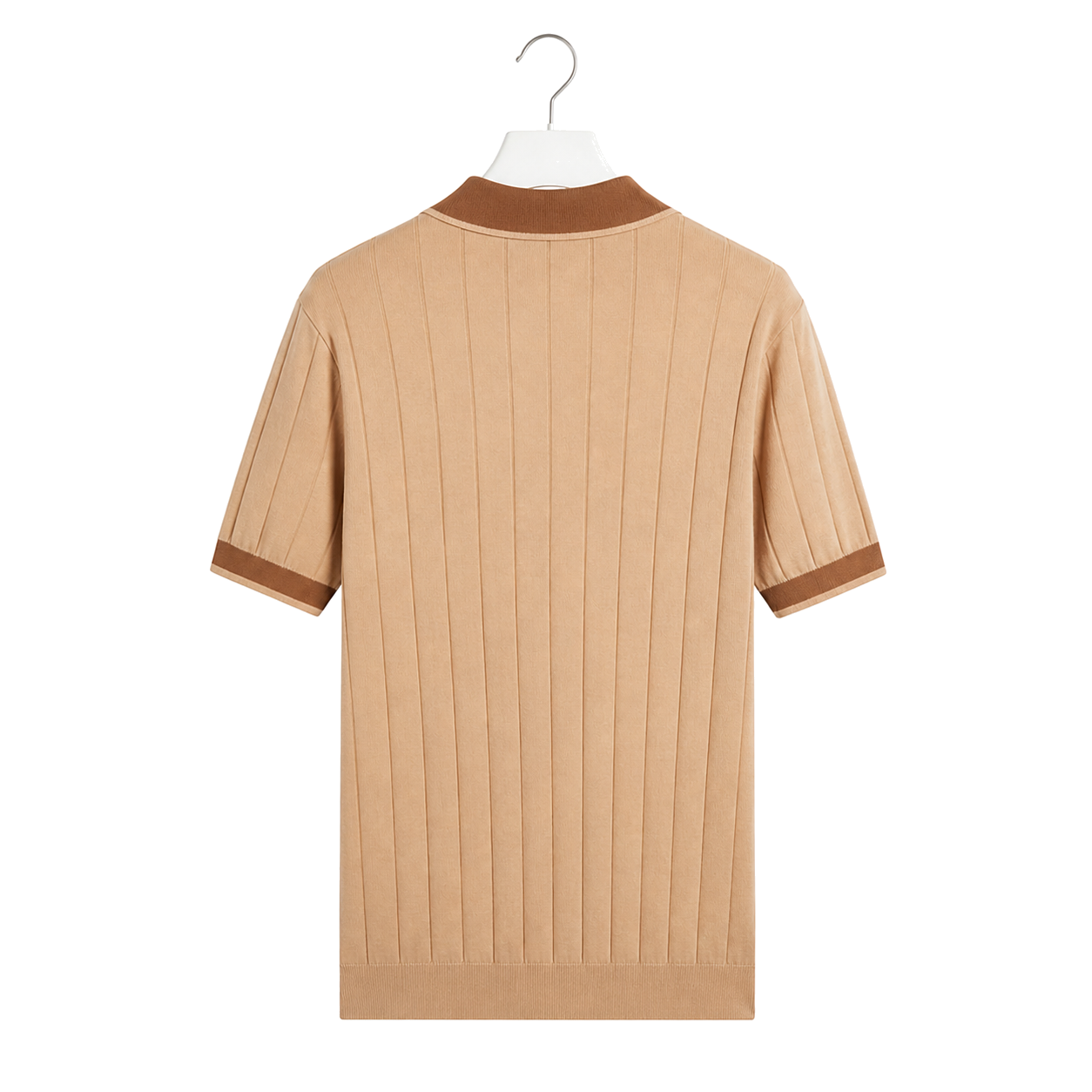WEELZ camel and brown contrast-trim ribbed zip knit polo, rear hanging view on pure white background