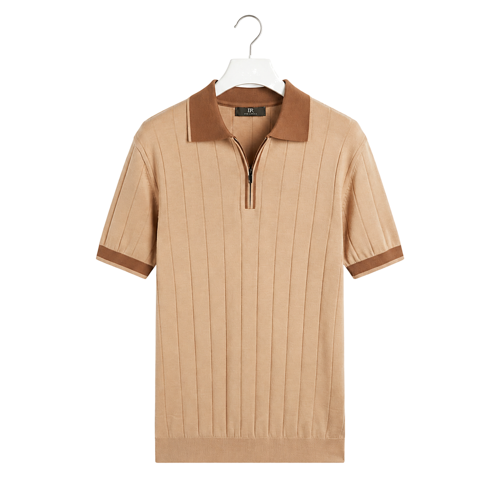 WEELZ camel and brown contrast-trim ribbed zip knit polo, front hanging view on pure white background