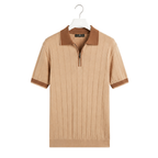 WEELZ camel and brown contrast-trim ribbed zip knit polo, front hanging view on pure white background