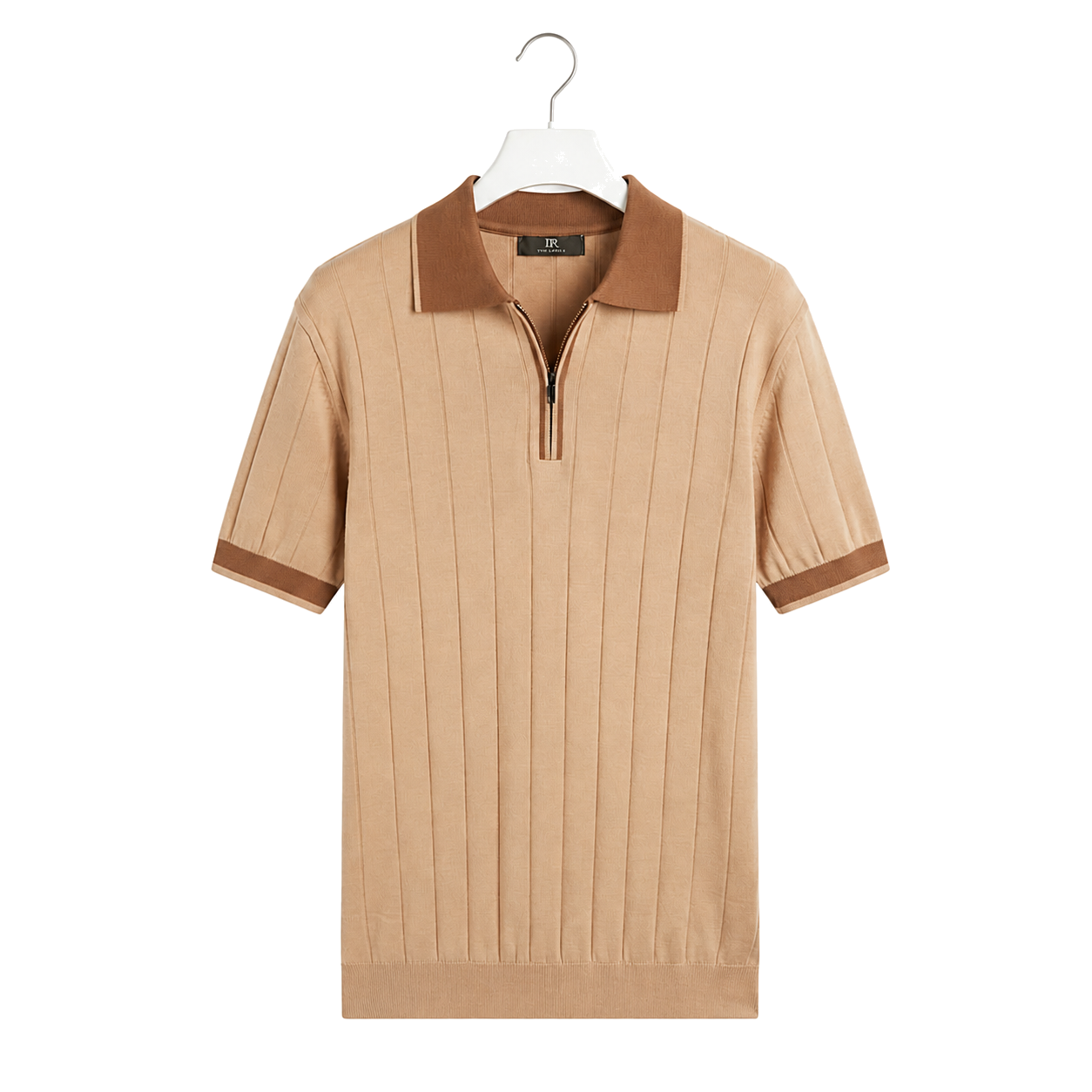 WEELZ camel and brown contrast-trim ribbed zip knit polo, front hanging view on pure white background