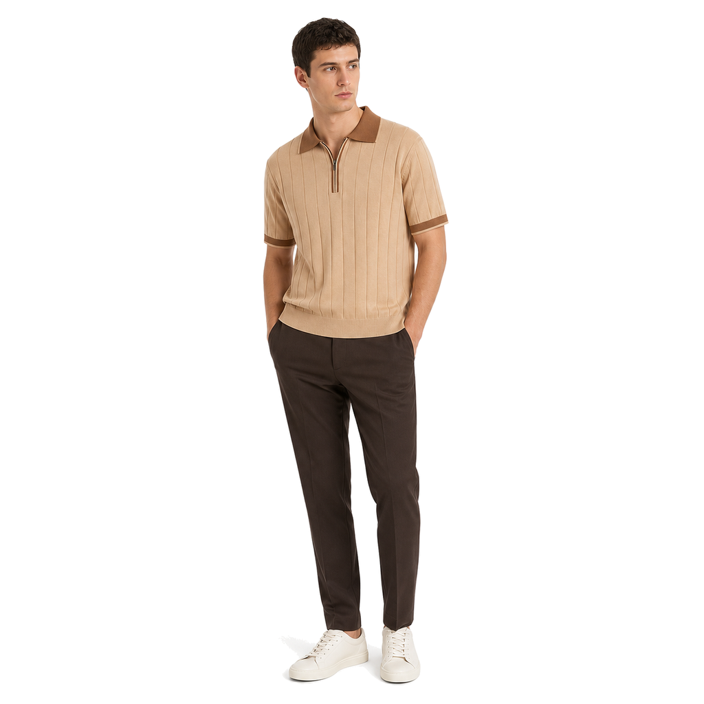 WEELZ camel and brown contrast-trim ribbed zip knit polo with dark brown tailored trousers
