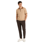 WEELZ camel and brown contrast-trim ribbed zip knit polo with dark brown tailored trousers