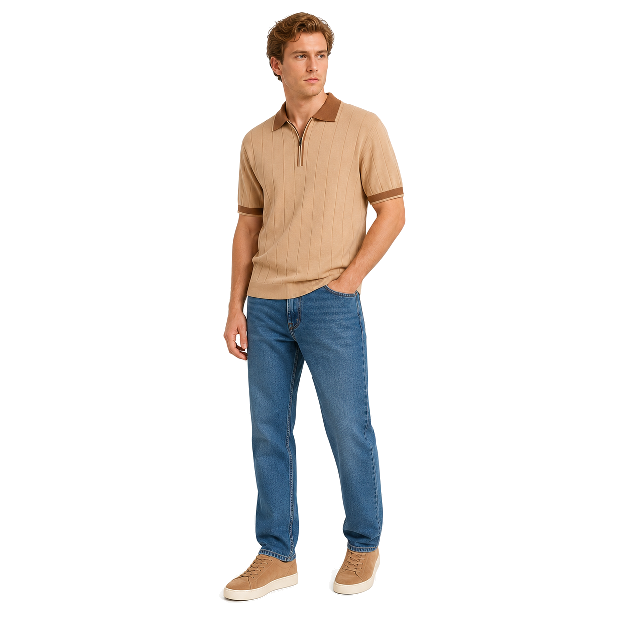 WEELZ camel and brown contrast-trim ribbed zip knit polo with medium blue denim jeans