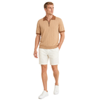 WEELZ camel and brown contrast-trim ribbed zip knit polo with ivory tailored shorts