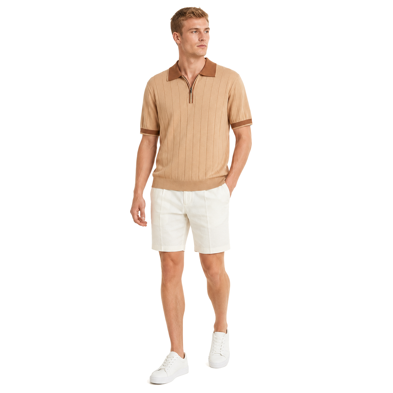 WEELZ camel and brown contrast-trim ribbed zip knit polo with ivory tailored shorts