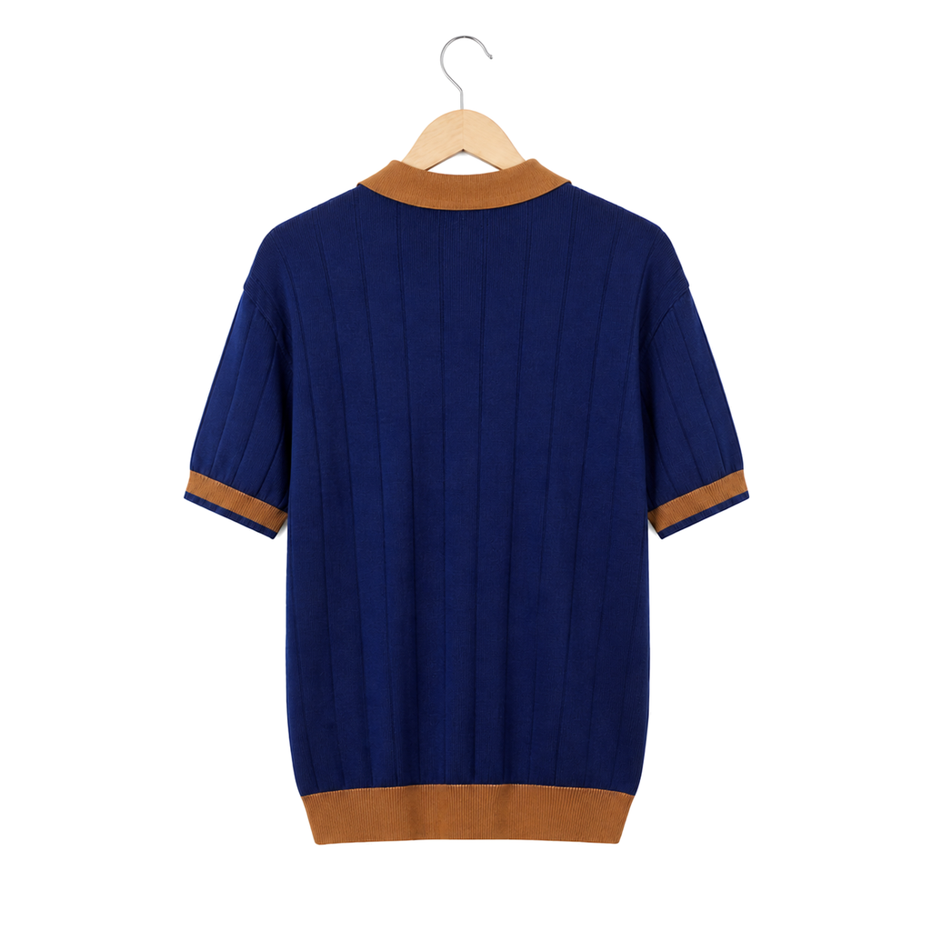 WEELZ navy and brown contrast-trim ribbed zip knit polo, rear hanging view on pure white background