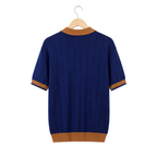 WEELZ navy and brown contrast-trim ribbed zip knit polo, rear hanging view on pure white background