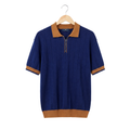 WEELZ navy and brown contrast-trim ribbed zip knit polo, front hanging view on pure white background