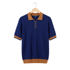 WEELZ navy and brown contrast-trim ribbed zip knit polo, front hanging view on pure white background