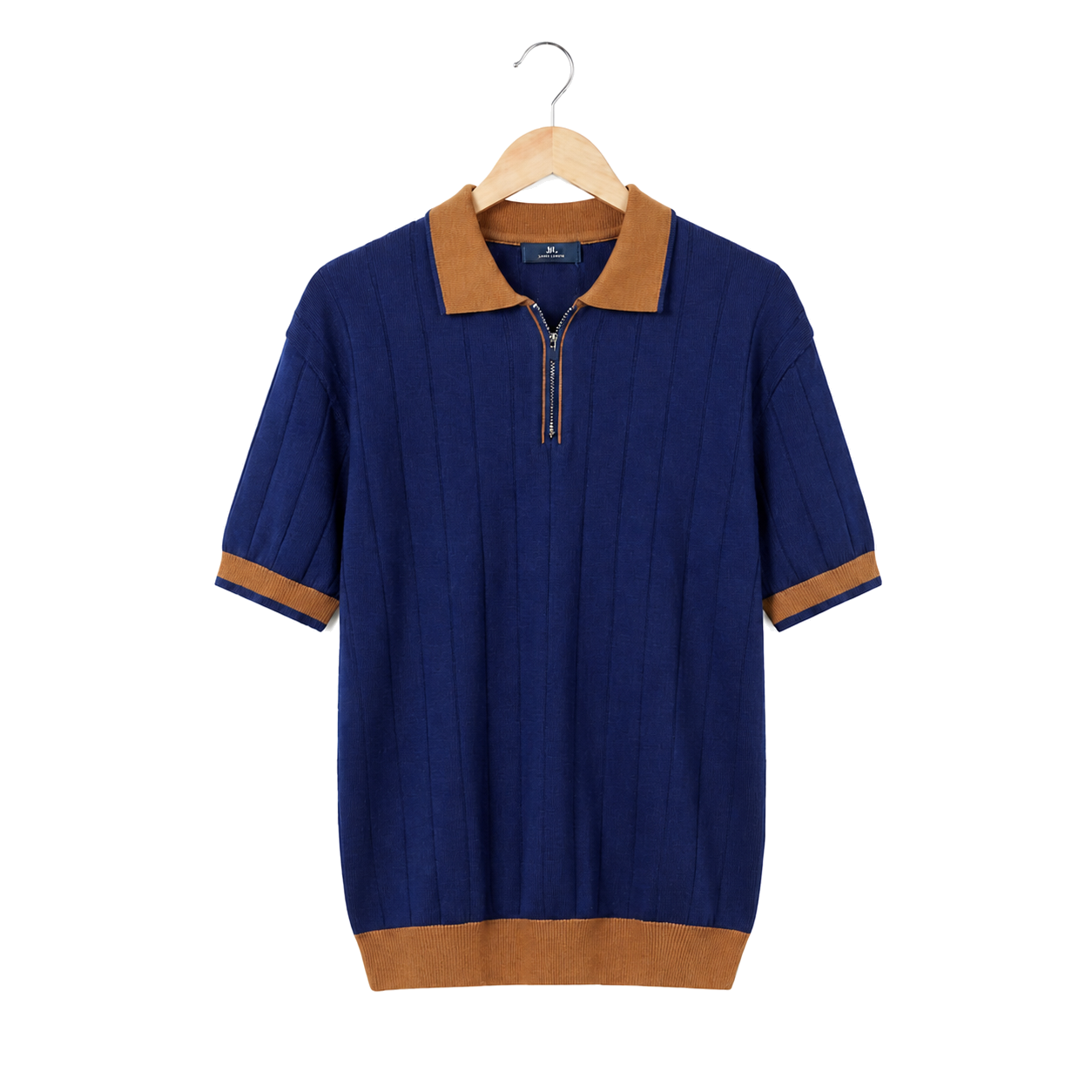 WEELZ navy and brown contrast-trim ribbed zip knit polo, front hanging view on pure white background