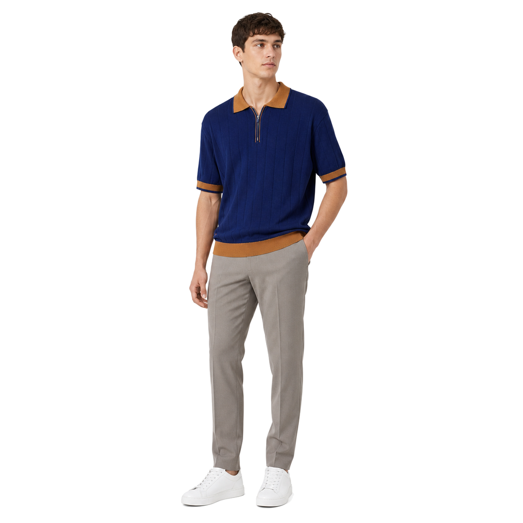 WEELZ navy and brown contrast-trim ribbed zip knit polo with stone-grey tailored trousers
