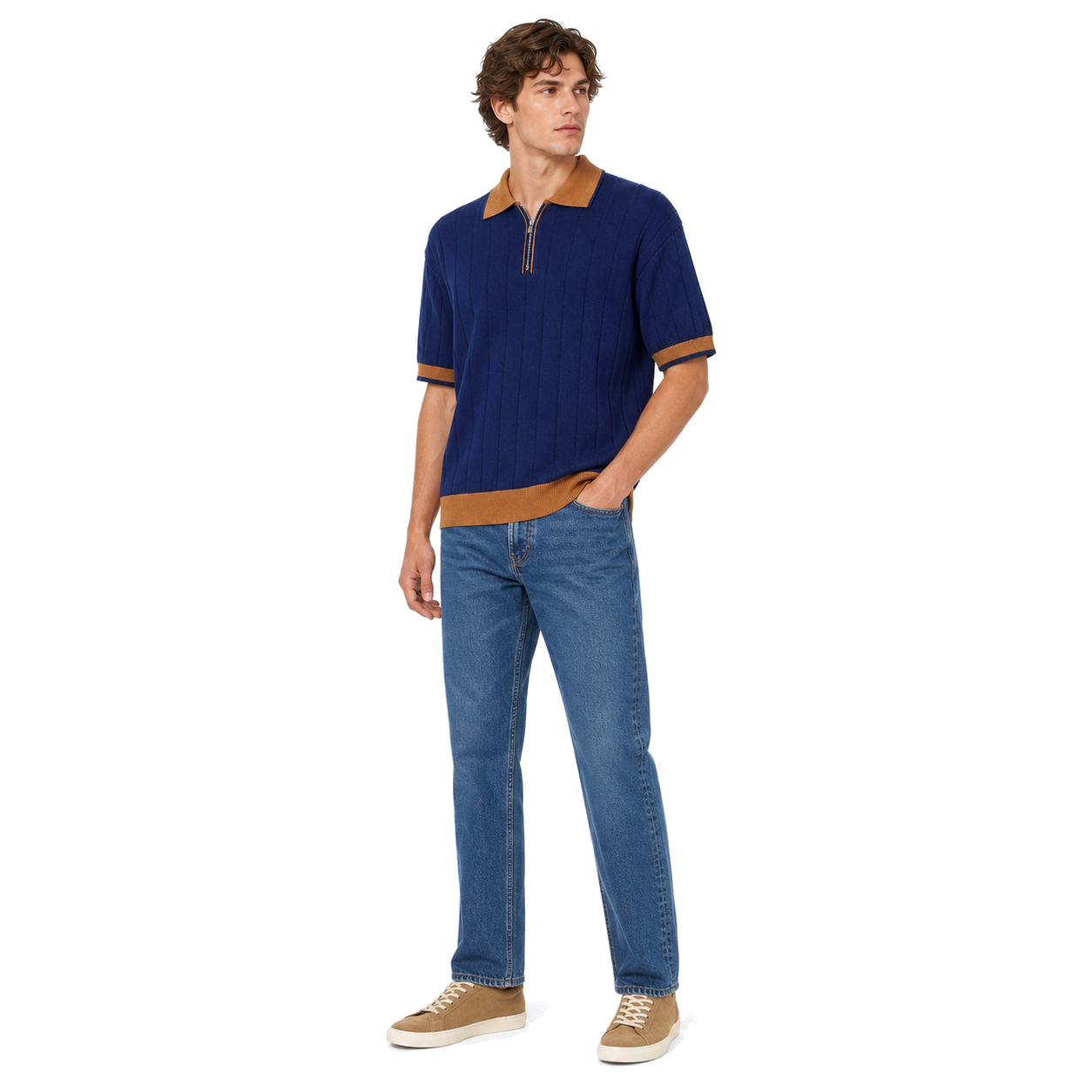 WEELZ navy and brown contrast-trim ribbed zip knit polo with medium blue denim jeans