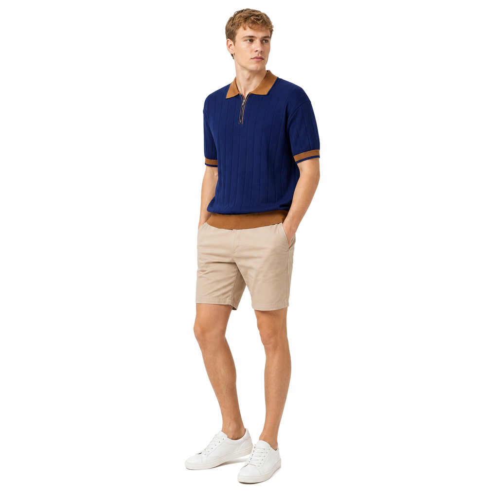 WEELZ navy and brown contrast-trim ribbed zip knit polo with beige chino shorts