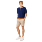 WEELZ navy and brown contrast-trim ribbed zip knit polo with beige chino shorts