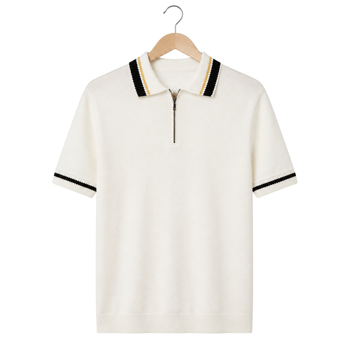 WEELZ Contrast-Trim Zip Knit Polo — Off-White, front hanging view