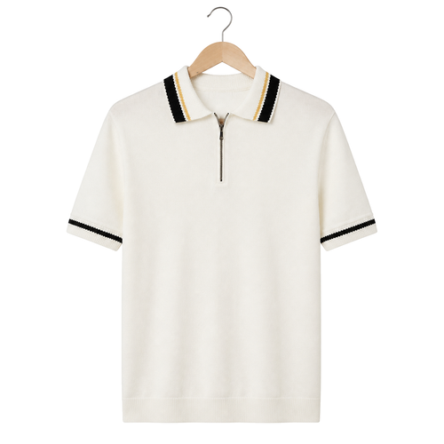 WEELZ Contrast-Trim Zip Knit Polo — Off-White, front hanging view