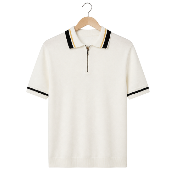 WEELZ Contrast-Trim Zip Knit Polo — Off-White, front hanging view