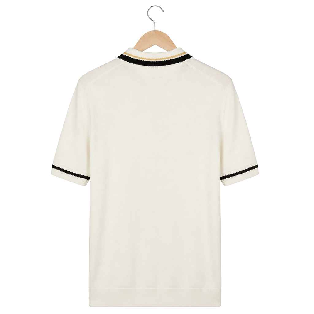 WEELZ Contrast-Trim Zip Knit Polo — Off-White, back hanging view