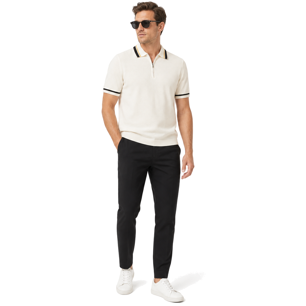 WEELZ Contrast-Trim Zip Knit Polo — Off-White, styled model front view