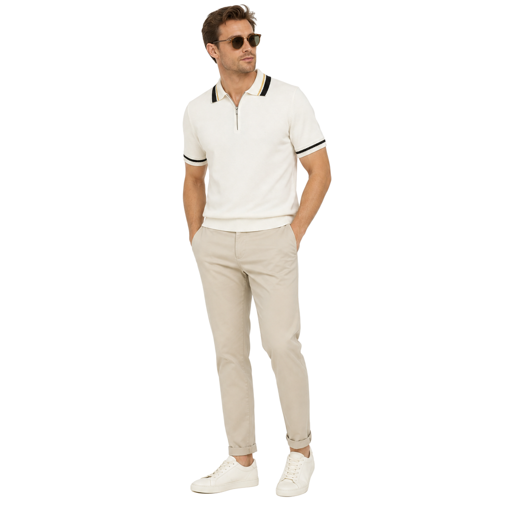 WEELZ Contrast-Trim Zip Knit Polo — Off-White, styled model walking view