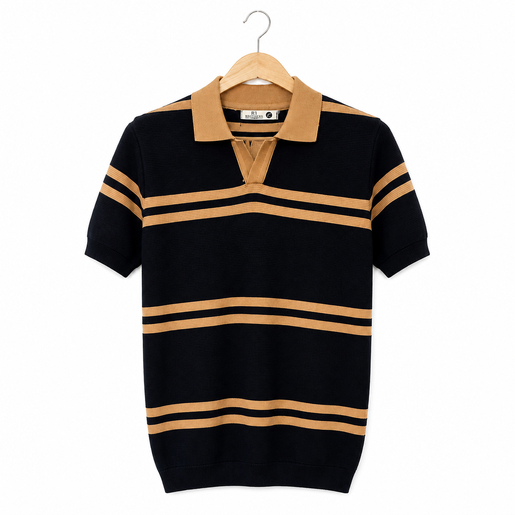 WEELZ Contrast V-Neck Knit Polo — Black & Camel, front hanging view