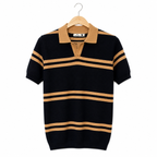 WEELZ Contrast V-Neck Knit Polo — Black & Camel, front hanging view